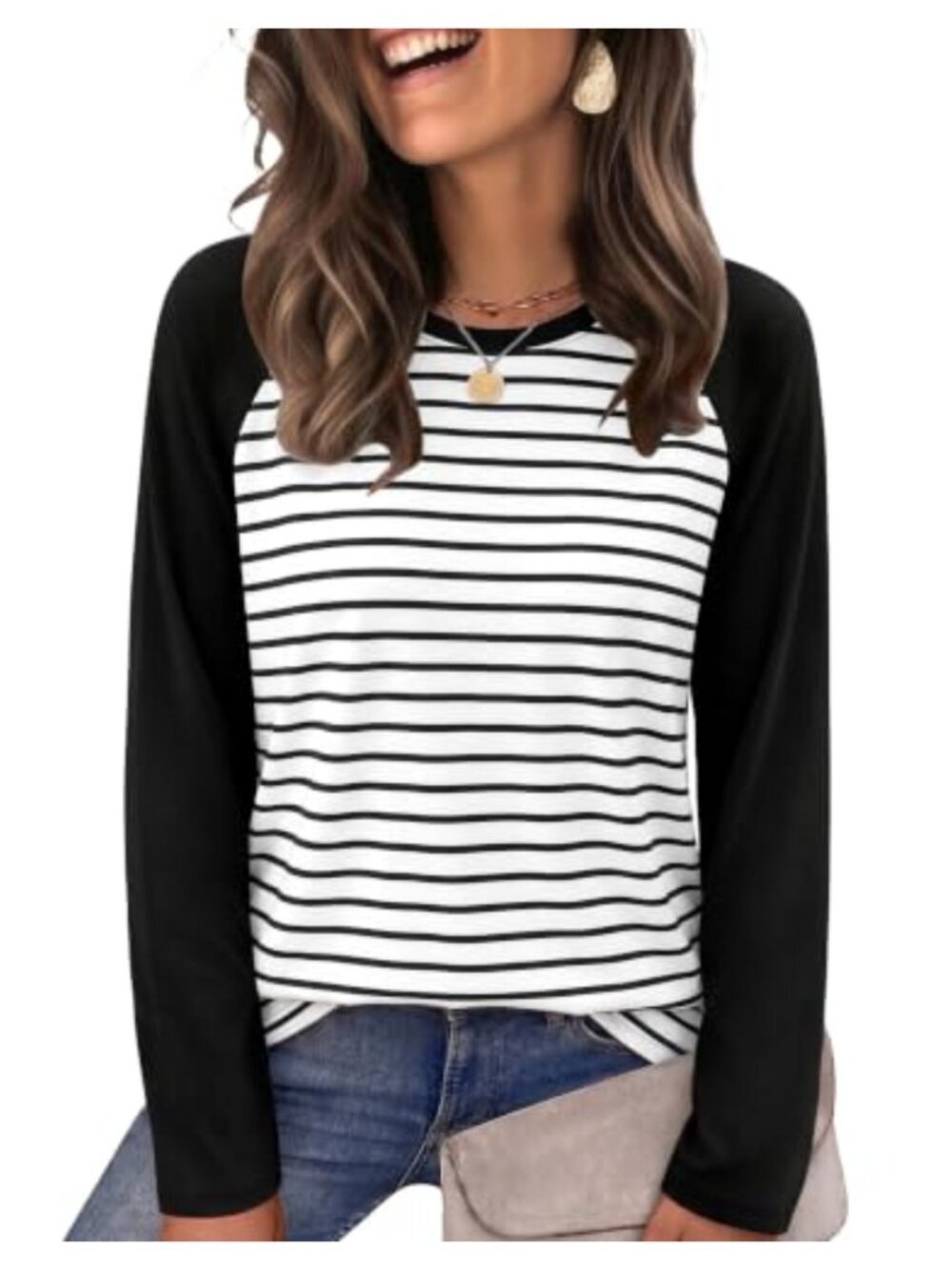 Womens Long Sleeve Striped Crewneck T-Shirt Casual Fall Winter Top